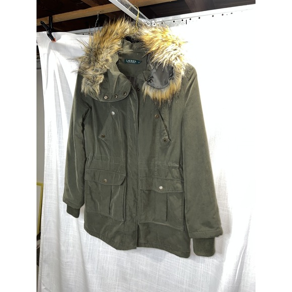 Lauren Ralph Lauren Women's Faux Fur Hooded Parka Jacket Green Quilted Size S - Picture 3 of 9